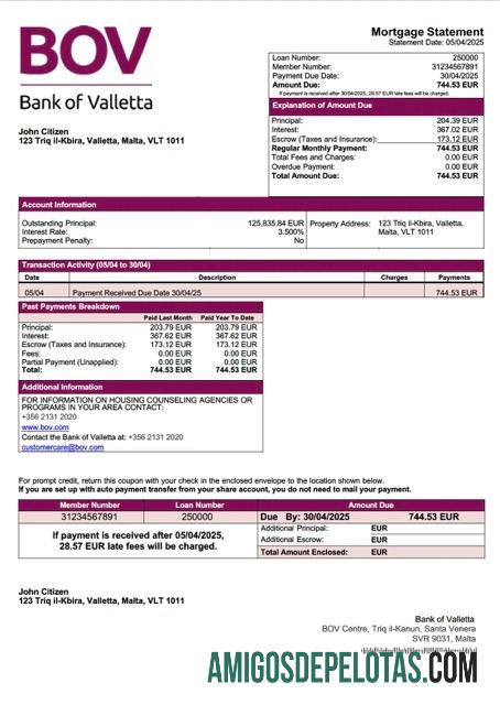 realista Modelo Word e PDF de extrato hipotecário do Malta Bank Of Valletta